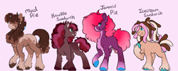 Size: 1280x512 | Tagged: safe, artist:plushieevibes, oc, oc only, oc:icecream sandwich, oc:jammin' pie, oc:knuckle sandwich, oc:mud pie, earth pony, pony, dreadlocks, female, hair over eyes, hoof on chest, male, mare, name, offspring, parent:cheese sandwich, parent:pinkie pie, parents:cheesepie, pink background, siblings, simple background, stallion, unshorn fetlocks