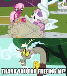 Size: 500x562 | Tagged: safe, edit, edited screencap, screencap, cheerilee, discord, scootaloo, sweetie belle, draconequus, earth pony, pegasus, pony, unicorn, dungeons and discords, g4, the return of harmony, angry, caption, cheerilee is not amused, excited, female, fight, filly, foal, grin, happy, image macro, imgflip, mare, nice job breaking it hero, smiling, statue, text, unamused, unwitting instigator of doom
