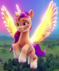 Size: 570x690 | Tagged: safe, screencap, sunny starscout, alicorn, pony, g5, my little pony: a new generation, spoiler:my little pony: a new generation, artificial horn, artificial wings, augmented, cropped, female, flying, horn, magic, magic horn, magic wings, magical, mane stripe sunny, mare, race swap, solo, spread wings, sunnycorn, wings