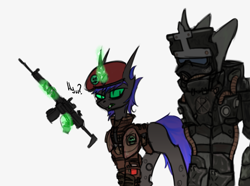 Size: 2617x1942 | Tagged: safe, artist:ashel_aras, oc, oc only, oc:ashel, changeling, pony, unicorn, armor, beret, changeling oc, clothes, duo, hat, military, military uniform, power armor, simple background, sketch, stalcraft, uniform, weapon, white background
