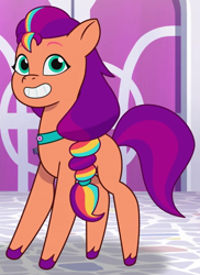 Size: 710x975 | Tagged: safe, screencap, sunny starscout, earth pony, pony, clip trot, g5, my little pony: tell your tale, spoiler:g5, spoiler:my little pony: tell your tale, spoiler:tyts01e07, cropped, female, mane stripe sunny, mare, smiling, solo, standing