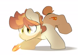 Size: 3035x2150 | Tagged: safe, artist:mochi_nation, oc, oc only, oc:flame egg, earth pony, pony, coat markings, eye clipping through hair, female, fire, fire breath, high res, mare, simple background, solo, white background