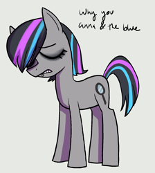 Size: 1311x1461 | Tagged: safe, artist:catachromatic, earth pony, pony, anna blue, emo, eyes closed, eyeshadow, female, gritted teeth, highlights, labret, lip piercing, makeup, mare, piercing, rule 85, sad, simple background, solo, standing, teeth, text, white background