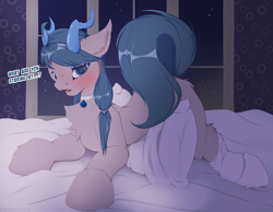 Size: 4500x3500 | Tagged: safe, artist:chura chu, oc, oc:blueberry bell, earth pony, pony, bed, bedroom, blushing, clothes, coral, cute, dialogue box, female, horns, lying, mare, pillow, shy, solo, stockings, thigh highs