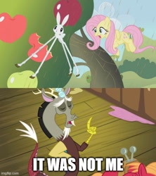 Size: 500x562 | Tagged: safe, edit, edited screencap, screencap, big macintosh, discord, fluttershy, draconequus, earth pony, pegasus, pony, rabbit, g4, the break up breakdown, the return of harmony, animal, apple, apple tree, blatant lies, caption, chocolate, chocolate rain, food, image macro, imgflip, offscreen character, pointing, rain, text, tree