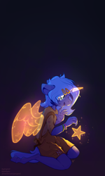 Size: 2686x4487 | Tagged: safe, artist:yarugreat, princess luna, alicorn, anthro, g4, artificial horn, artificial wings, childhood, clothes, female, filly, high res, horn, kids, magic, magic horn, magic wings, s1 luna, slingshot, solo, stars, wings, woona, younger