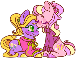 Size: 1160x900 | Tagged: safe, artist:missmagicalgirl, daisyjo, fluttershy (g3), earth pony, pony, g3, blush lines, blushing, clothes, colored hooves, dawwsyjo, female, flutterjo, g3 shyabetes, grainy, hairclip, hoodie, lesbian, lying down, mare, nuzzling, scrunchie, shipping, simple background, sitting, transparent background, turtleneck
