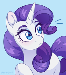 Size: 1916x2175 | Tagged: safe, artist:skysorbett, rarity, pony, unicorn, g4, blue background, emanata, eyeshadow, female, high res, makeup, mare, raised hoof, simple background, solo, surprised