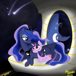 Size: 2048x2048 | Tagged: safe, artist:rayelli, princess luna, twilight sparkle, alicorn, pony, unicorn, g4, bare hooves, blushing, cute, duo, female, height difference, high res, lesbian, night, ship:twiluna, shipping, shooting star, stars, tail, twiabetes, unicorn twilight, wing blanket, winghug, wings