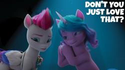 Size: 1920x1080 | Tagged: safe, edit, edited screencap, editor:quoterific, screencap, izzy moonbow, zipp storm, pegasus, pony, unicorn, g5, hoof done it?, my little pony: make your mark, my little pony: make your mark chapter 2, spoiler:g5, bracelet, concave belly, detective zipp, dialogue, duo, female, fluffy, folded wings, friendship bracelet, frown, hooves together, interrogation, jewelry, lidded eyes, looking at someone, looking down, mare, sitting, slender, smiling, standing, thin, wings