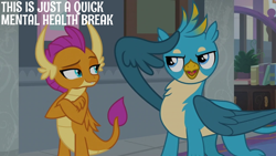 Size: 2000x1125 | Tagged: safe, edit, edited screencap, editor:quoterific, screencap, gallus, smolder, dragon, griffon, g4, school daze, school of friendship