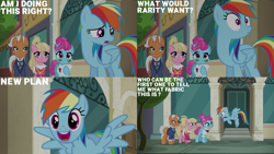 Size: 2000x1125 | Tagged: safe, edit, edited screencap, editor:quoterific, screencap, bleeding heart, blue bobbin, rainbow dash, starke kragen, earth pony, pegasus, pony, unicorn, g4, the saddle row review, implied rarity