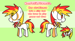 Size: 2877x1600 | Tagged: safe, artist:kruvvv, oc, oc only, oc:konfetik, earth pony, pony, bow, bowtie, colt, cross-eyed, earth pony oc, eye clipping through hair, female, filly, foal, green background, male, multicolored eyes, ponified, reference sheet, silly, silly face, simple background, solo, spots