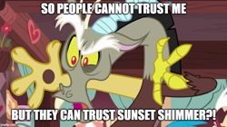 Size: 888x499 | Tagged: safe, edit, edited screencap, screencap, discord, draconequus, discordant harmony, g4, season 7, argument in the comments, caption, comments locked down, discord is not amused, discussion in the comments, frown, image macro, male, open mouth, solo, text, unamused