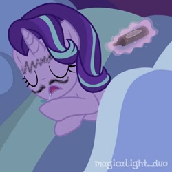 Size: 1080x1080 | Tagged: safe, artist:magicalight_duo, starlight glimmer, pony, unicorn, g4, bed, blanket, crayon, drawing, drool, eyes closed, fake moustache, female, implied trixie, magic, mare, pillow, prank, revenge, sleeping, snoring, solo, telekinesis