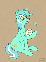 Size: 2250x3000 | Tagged: safe, artist:dash wang, lyra heartstrings, pony, unicorn, g4, blushing, candy, eating, female, food, glowing, glowing horn, high res, horn, magic, mare, sitting