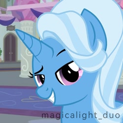 Size: 1080x1080 | Tagged: safe, artist:magicalight_duo, trixie, pony, unicorn, g4, alternate hairstyle, dreamworks face, female, grin, mare, palette swap, recolor, show accurate, signature, smiling, smirk, smug, solo