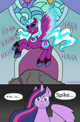 Size: 2048x3100 | Tagged: safe, artist:hayley566, opaline arcana, spike, twilight sparkle, alicorn, dragon, pony, g5, the last problem, black sclera, crying, crylight sparkle, death, evil laugh, fangs, female, flying, frown, gigachad spike, gritted teeth, high res, laughing, laughing mad, male, mare, murder, older, older spike, older twilight, older twilight sparkle (alicorn), open mouth, open smile, princess twilight 2.0, sad, signature, smiling, teeth, trio, twilight sparkle (alicorn), unshorn fetlocks