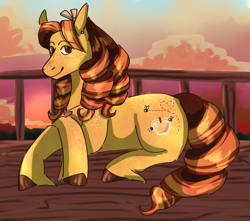 Size: 1717x1520 | Tagged: safe, artist:eonionic, oc, oc:honey crisp, earth pony, pony, cloud, female, looking at you, lying down, mare, prone, smiling, solo