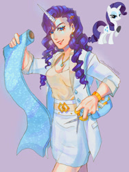 Size: 750x1000 | Tagged: safe, artist:mariam246810, rarity, human, pony, unicorn, g4, alternate hairstyle, bag, belt, bracelet, clothes, coat, ear piercing, earring, eyeshadow, fabric, female, grin, handbag, horn, horned humanization, humanized, jewelry, lipstick, makeup, mare, necklace, piercing, purple background, scissors, shirt, simple background, skirt, smiling, solo
