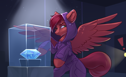 Size: 1933x1184 | Tagged: safe, artist:kittytitikitty, oc, oc only, oc:ray owen, pegasus, pony, brilliant, clothes, diamond, exclamation point, female, flashlight (object), heist, hood, looking back, male, pedestal, pegasus oc, shipping, spread wings, straight, thief, wings