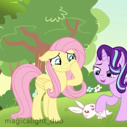 Size: 1079x1079 | Tagged: safe, artist:magicalight_duo, fluttershy, starlight glimmer, pegasus, pony, rabbit, unicorn, g4, animal, duo, duo female, female, hoof on face, mare, outdoors, show accurate, signature, tree