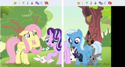 Size: 473x254 | Tagged: safe, artist:magicalight_duo, edit, fluttershy, starlight glimmer, trixie, pegasus, pony, rabbit, unicorn, derpibooru, g4, animal, female, hoof on face, juxtaposition, mare, meta, outdoors, show accurate, signature, tree, trio, trio female