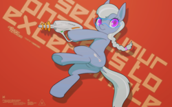Size: 1920x1200 | Tagged: safe, artist:darkdoomer, silver spoon, earth pony, pony, g4, action pose, butt, design, dock, energy weapon, female, filly, foal, green background, gun, hoof hold, imported from ponybooru, phaser, plot, ray gun, science fiction, simple background, solo, tail, weapon
