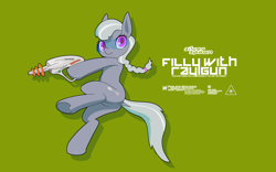 Size: 3840x2400 | Tagged: safe, artist:darkdoomer, silver spoon, earth pony, pony, g4, action pose, butt, design, dock, energy weapon, female, filly, foal, green background, gun, high res, hoof hold, phaser, plot, ray gun, science fiction, simple background, solo, tail, weapon