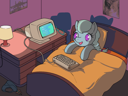 Size: 1600x1200 | Tagged: safe, artist:darkdoomer, silver spoon, cat, earth pony, pony, g4, bed, bedroom, computer, desk, female, filly, foal, glasses off, keyboard, lamp, looking at something, plane, poster, ray gun, sleep tight, solo, weapon
