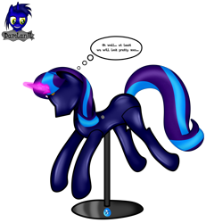 Size: 3840x4154 | Tagged: safe, artist:damlanil, oc, oc only, oc:star eyes, pegasus, pony, bondage, clothes, collar, comic, commission, crystal horn, encasement, fake horn, female, horn, inanimate tf, latex, magic, magic aura, mannequin, mannequin tf, mare, no mouth, objectification, pedestal, petrification, ponyquin, rubber, shiny, show accurate, simple background, solo, text, thought bubble, transformation, transparent background, vector, wings