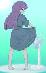 Size: 2520x3964 | Tagged: safe, artist:batipin, maud pie, human, equestria girls, g4, barefoot, blushing, clothes, electric fan, fan, feet, female, high res, hot, looking back, skirt, skirt lift, solo, sweat