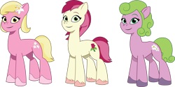 Size: 2107x1057 | Tagged: safe, artist:prixy05, daisy, flower wishes, lily, lily valley, roseluck, earth pony, pony, g4, g5, my little pony: tell your tale, flower trio, g4 to g5, generation leap, simple background, transparent background, trio, vector