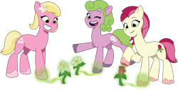 Size: 2312x1170 | Tagged: safe, artist:prixy05, daisy, flower wishes, lily, lily valley, roseluck, earth pony, pony, g4, g5, my little pony: tell your tale, earth pony magic, flower, flower trio, g4 to g5, generation leap, magic, simple background, transparent background, trio, vector