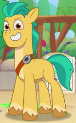 Size: 495x795 | Tagged: safe, screencap, hitch trailblazer, earth pony, pony, g5, lost in translation (episode), my little pony: tell your tale, spoiler:g5, spoiler:my little pony: tell your tale, spoiler:tyts01e19, badge, cropped, male, sheriff's badge, solo, stallion