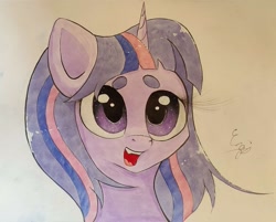 Size: 2067x1662 | Tagged: safe, artist:engi, twilight sparkle, pony, unicorn, g4, beanbrows, eyebrows, eyelashes, female, happy, mare, open mouth, open smile, simple background, smiling, solo, traditional art, watercolor painting