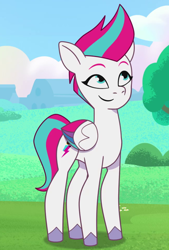 Size: 650x960 | Tagged: safe, screencap, zipp storm, pegasus, pony, g5, my little pony: tell your tale, zipp's flight school, spoiler:g5, spoiler:my little pony: tell your tale, spoiler:tyts01e02, cloud, colored wings, concave belly, cropped, female, folded wings, hooves, looking up, mare, multicolored wings, nature, quadrupedal, slender, smiling, solo, standing, thin, unshorn fetlocks, wings