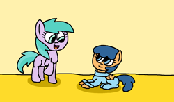 Size: 1453x852 | Tagged: safe, artist:gillianthecreator36, aura (g4), first base, earth pony, pegasus, pony, g4, adorabase, aurabetes, baby, baby base, baby pony, babysitter, babysitting, bedroom, clothes, cute, duo, female, filly, foal, footed sleeper, footie pajamas, infant, lying down, ms paint, onesie, paint.net, pajamas, prone, raised hoof, raised leg, room, talking