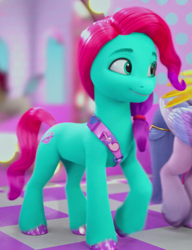 Size: 705x920 | Tagged: safe, screencap, jazz hooves, queen haven, earth pony, pony, g5, my little pony: make your mark, my little pony: make your mark chapter 2, portrait of a princess, spoiler:g5, spoiler:my little pony: make your mark, spoiler:my little pony: make your mark chapter 2, spoiler:mymc02e03, cropped, female, hoof polish, jazz has no ears, looking at someone, mare, no ears, offscreen character, smiling, solo focus, unshorn fetlocks