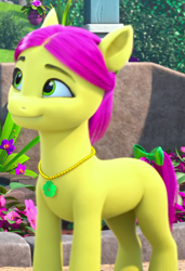 Size: 580x850 | Tagged: safe, screencap, posey bloom, earth pony, pony, g5, my little pony: make your mark, my little pony: make your mark chapter 2, the cutie mark mix-up, spoiler:g5, spoiler:my little pony: make your mark, spoiler:my little pony: make your mark chapter 2, spoiler:mymc02e05, bow, community garden, cropped, female, flower, jewelry, mare, necklace, smiling, solo, tail, tail bow, when she smiles