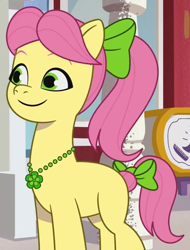 Size: 720x945 | Tagged: safe, screencap, posey bloom, earth pony, pony, g5, mane melody, my little pony: tell your tale, spoiler:g5, spoiler:my little pony: tell your tale, spoiler:tyts01e05, bow, cropped, female, hair bow, mare, ponytail, solo, tail, tail bow