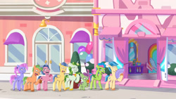 Size: 3072x1727 | Tagged: safe, screencap, grassy hills, lemon gear, luminous dazzle, nightracer, ollie north, plum library, skysport, 莉芙, earth pony, pegasus, pony, unicorn, g5, hot day huh?, my little pony: tell your tale, spoiler:g5, spoiler:my little pony: tell your tale, spoiler:tyts01e57, :o, :p, fan, female, food, ice cream, ice cream cone, male, mane melody (location), mare, open mouth, paper fan, stallion, sweat, sweatdrop, tongue out, unnamed character