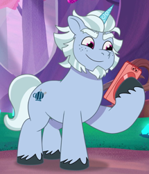 Size: 870x1010 | Tagged: safe, screencap, alphabittle blossomforth, pony, unicorn, clip trot, g5, my little pony: tell your tale, spoiler:g5, spoiler:my little pony: tell your tale, spoiler:tyts01e07, cropped, male, phone, solo, stallion