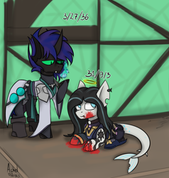 Size: 2194x2308 | Tagged: safe, artist:ashel_aras, oc, oc only, oc:ashel, changeling, blood, changeling oc, clothes, couple, duo, fish tail, high res, suit, tail, valorant