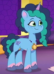 Size: 660x895 | Tagged: safe, screencap, misty brightdawn, pony, unicorn, g5, my little pony: tell your tale, opaline alone, spoiler:g5, spoiler:my little pony: tell your tale, spoiler:tyts01e50, concave belly, cropped, curly mane, curly tail, female, gradient horn, horn, jewelry, mare, pale belly, pendant, solo, tail, unshorn fetlocks