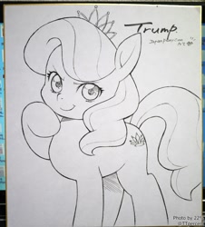 Size: 1200x1330 | Tagged: safe, artist:trump, diamond tiara, earth pony, pony, g4, female, filly, foal, looking at you, photo, raised hoof, sketch, solo, traditional art