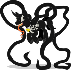 Size: 1946x1900 | Tagged: safe, artist:mlp-trailgrazer, oc, oc only, pony, unicorn, crossover, digital art, long tongue, male, marvel, sharp teeth, simple background, solo, stallion, symbiote, teeth, tongue out, transparent background, venom
