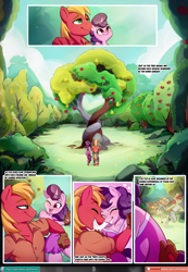 Size: 1555x2250 | Tagged: safe, artist:chocokangoo, artist:lummh, artist:tomi_ouo, big macintosh, bright mac, pear butter, sugar belle, earth pony, unicorn, anthro, unguligrade anthro, comic:lovely pear, g4, apple, apple tree, breasts, commissioner:dualreason, echoes, female, food, intertwined trees, laughing, looking at each other, looking at someone, looking up, male, pear, pear tree, playful, playing, ship:brightbutter, ship:sugarmac, shipping, smiling, smiling at each other, straight, tree