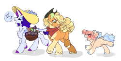 Size: 1699x863 | Tagged: safe, artist:queerhorses, applejack, rarity, oc, oc:smoke tree, pony, unicorn, g4, baby, baby pony, female, filly, foal, hat, lesbian, magical lesbian spawn, offspring, parent:applejack, parent:rarity, parents:rarijack, ship:rarijack, shipping, simple background, transparent background