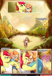 Size: 1555x2250 | Tagged: safe, alternate character, alternate version, artist:chocokangoo, artist:lummh, artist:tomi_ouo, big macintosh, bright mac, pear butter, sugar belle, earth pony, unicorn, anthro, unguligrade anthro, comic:lovely pear, g4, apple, apple tree, breasts, commissioner:dualreason, echoes, female, food, laughing, looking at each other, looking at someone, looking up, male, pear, pear tree, playful, playing, ship:brightbutter, ship:sugarmac, shipping, smiling, smiling at each other, straight, tree